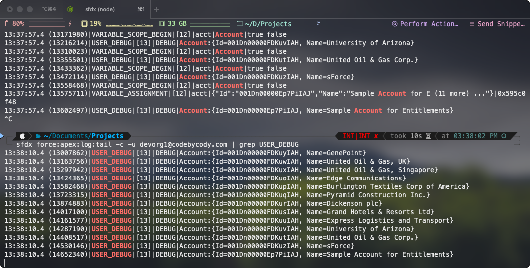 Terminal showing log output piped to grep on "USER_DEBUG"