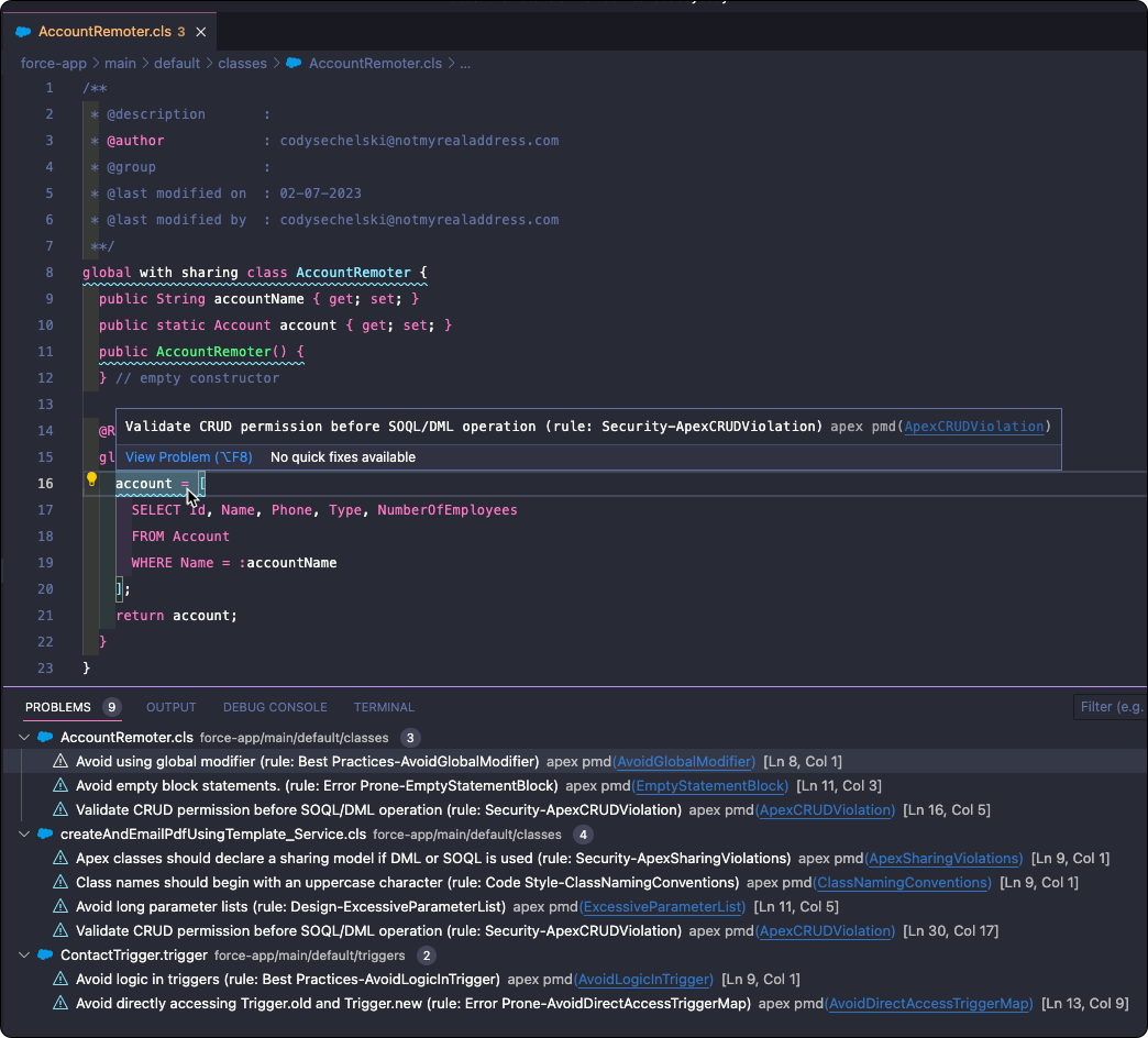 VS Code Showing Apex PMD Violations